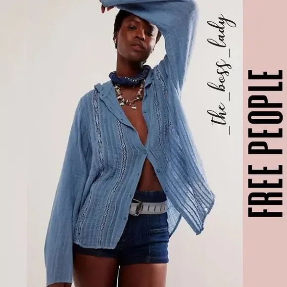 Free People button-down shirt floral eyelet lace boho top cotton blend - Picture 2 of 6